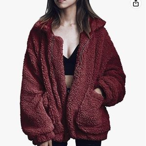 Large Faux Sherpa Shacket Jacket -Wine Red